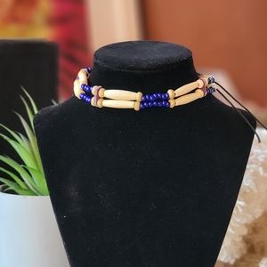 Vintage Y2K Handmade Cobalt Blue & Cream Beaded Choker Necklace